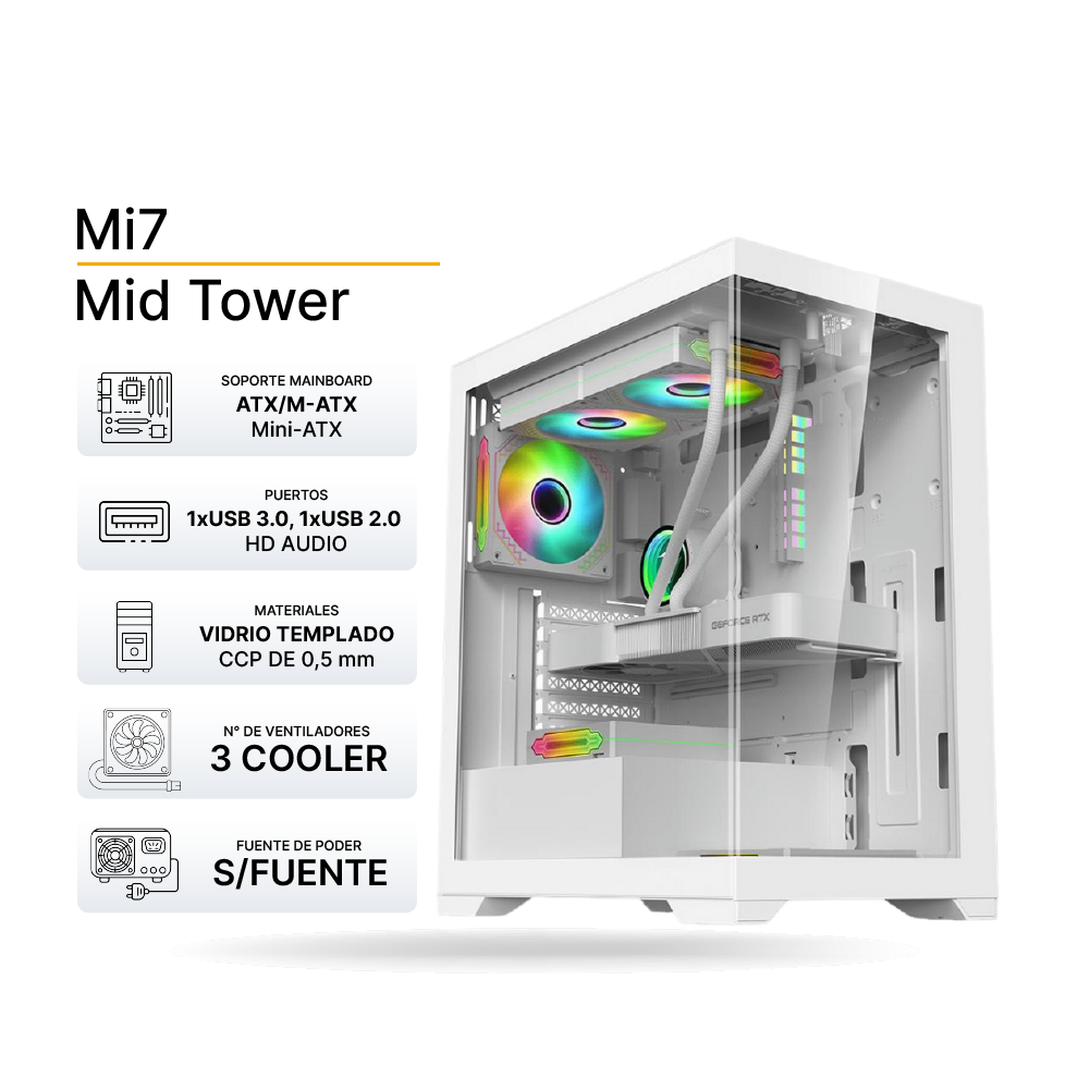 Case Gaming 1ST PLAYER Mi7 White 3 Cooler ARGB, Control remoto, Sin Fuente.