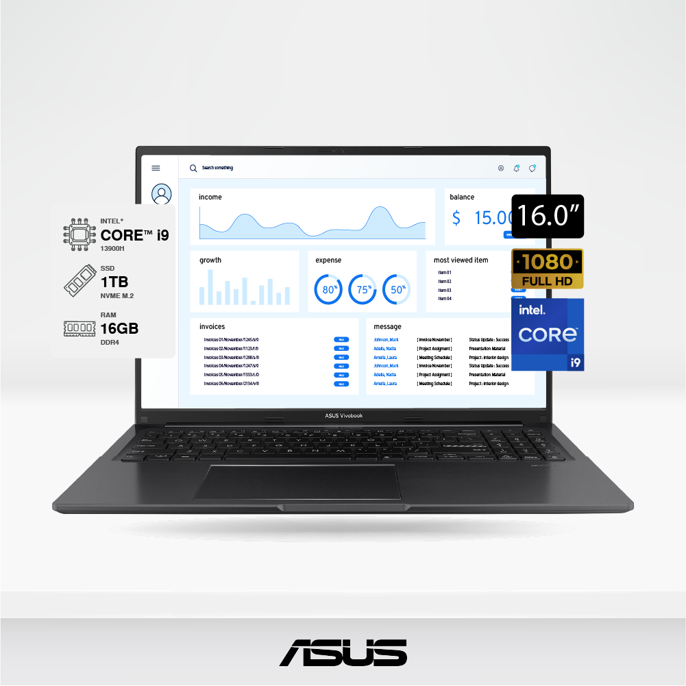 Laptop ASUS Vivobook X1605VA-MB195 16.0" WUXGA LED IPS, Core i9-13900H, 16GB DDR4, SSD 1TB M.2, Negro.