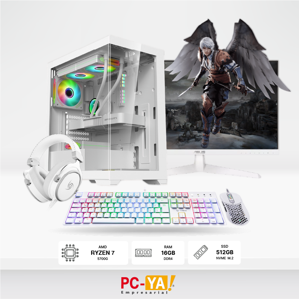 PC Gamer White Edition Ryzen 7 5700G, RAM 16GB, SSD 512GB, 24" FHD Ips, Teclado VSG Mecánico + Auricular + Mouse