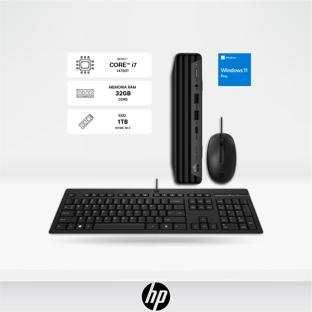 Mini PC HP Pro 400 G9, Core i7-14700T 14VA, 32GB, SSD 1TB, Windows 11Pro.Teclado+Mouse.