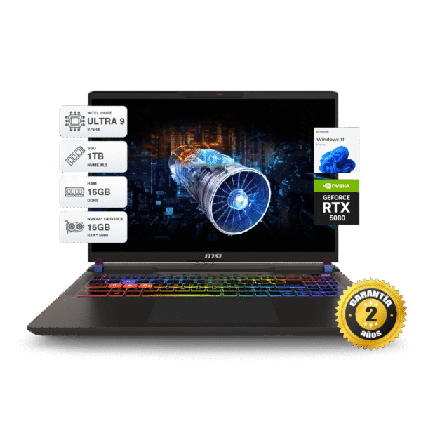 Laptop Gamer MSI Vector 16 HX A2XWIG 16" QHD+ 240Hz, Core Ultra 9 275HX, RAM 16GB DDR5, SSD M.2 1TB, RTX 5080 16GB GDDR7, Windows 11 Home.