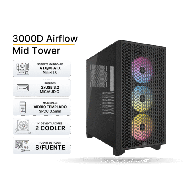 Case Corsair Mid Tower 3000D Airflow Black, 2x cooler RGB, Sin fuente