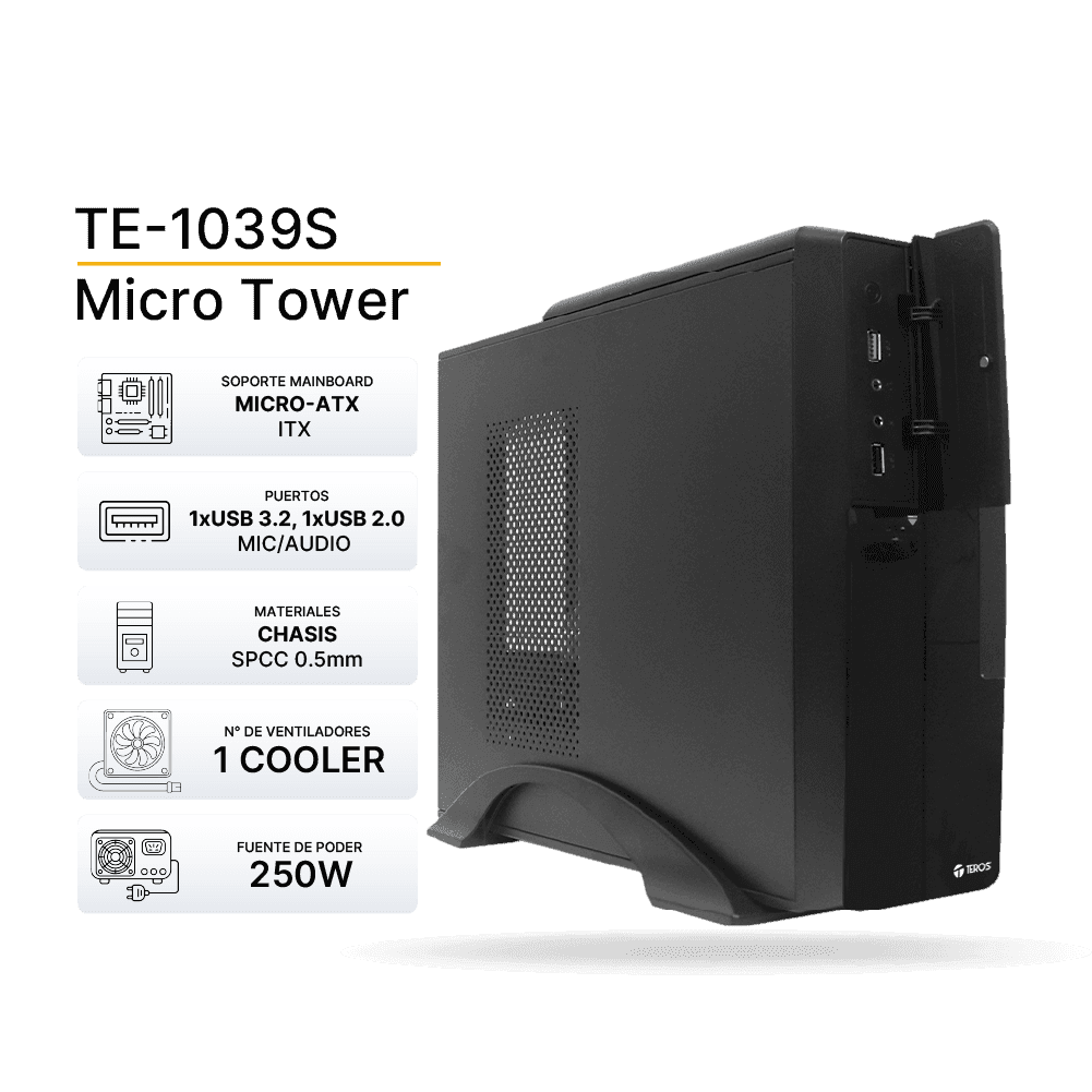 Case TEROS TE 1039S, Fuente 250W, Negro
