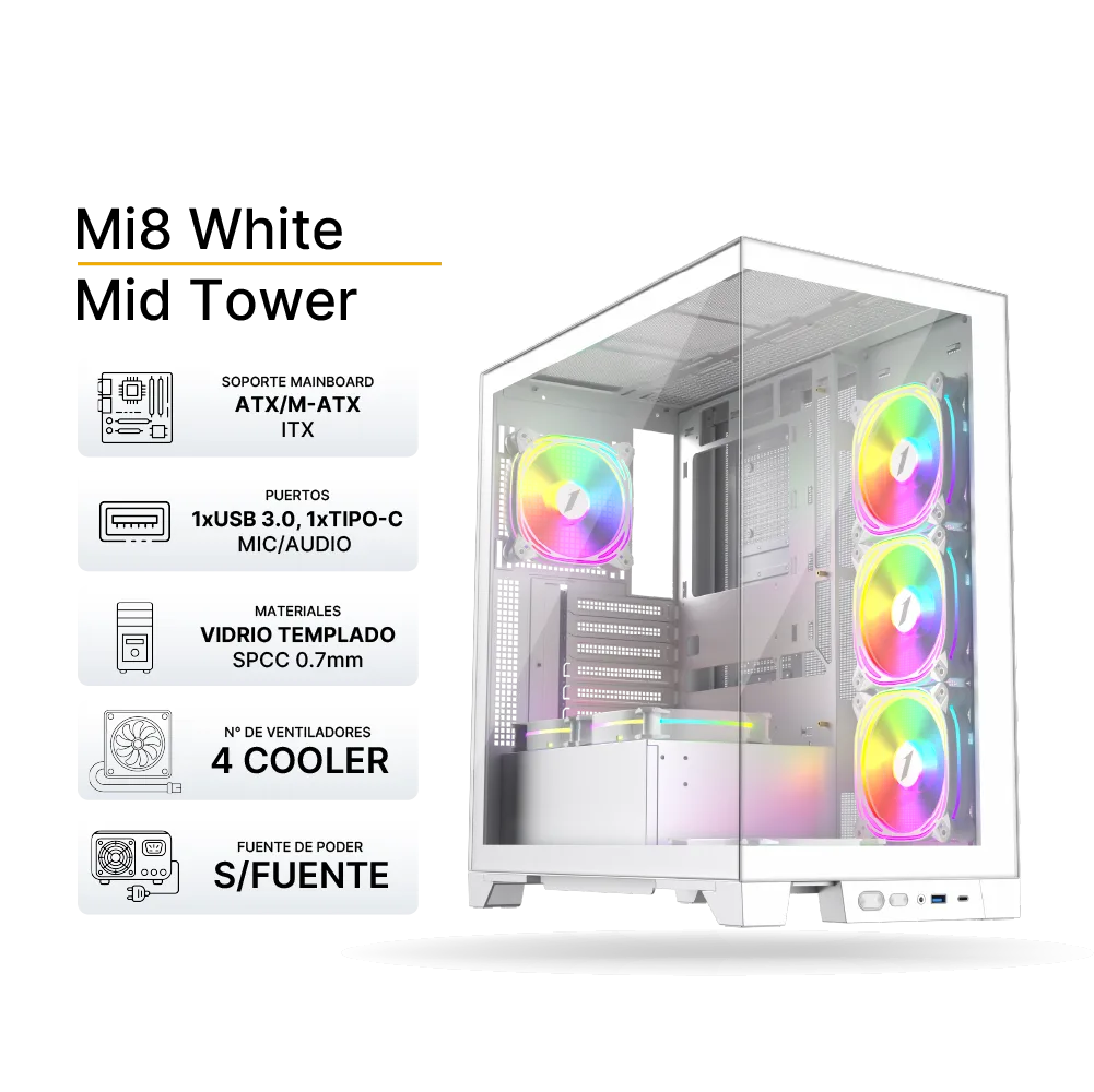 Case Gaming 1ST PLAYER Mi8 White 4 Cooler ARGB, Sin Fuente.