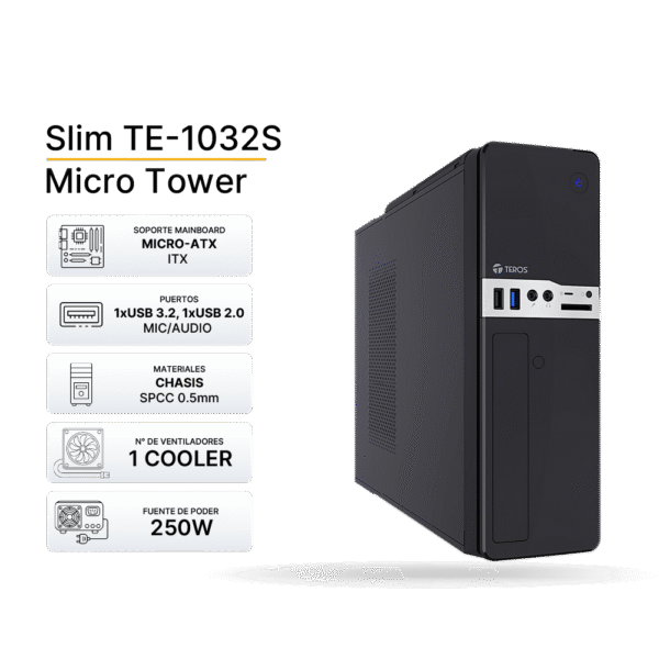 Case TEROS Slim TE 1032S Fuente 250W, Micro ATX, Color Negro