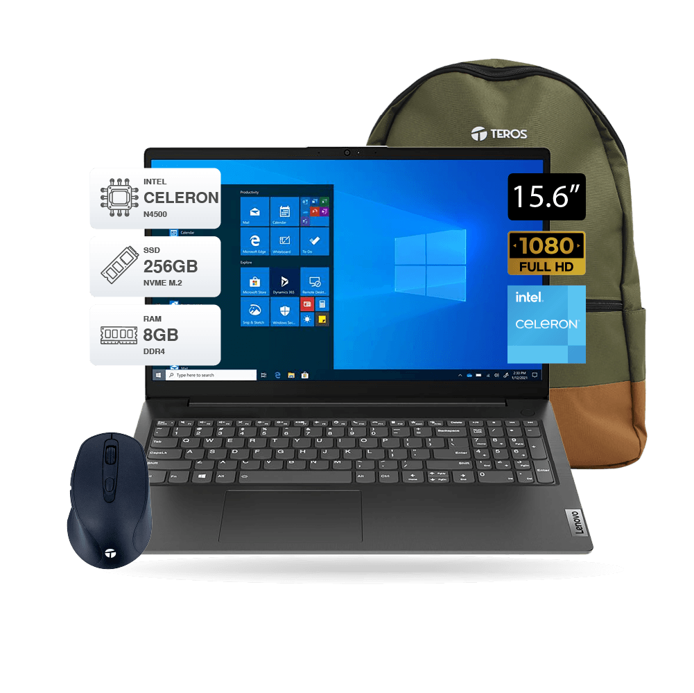 Laptop Lemovo V15 G2 15.6" Intel N4500, RAM 8GB, SSD 256GB, Negro, Incluye Mochila y Mouse