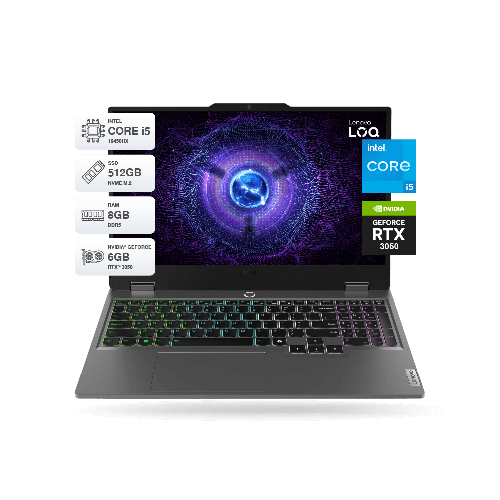Laptop Lenovo LOQ 15IAX9 15.6" FHD IPS, Core i5-12450HX 8GB DDR5-4800MHz, 512GB SSD M.2, RTX 3050 6GB GDDR6, FreeDOS