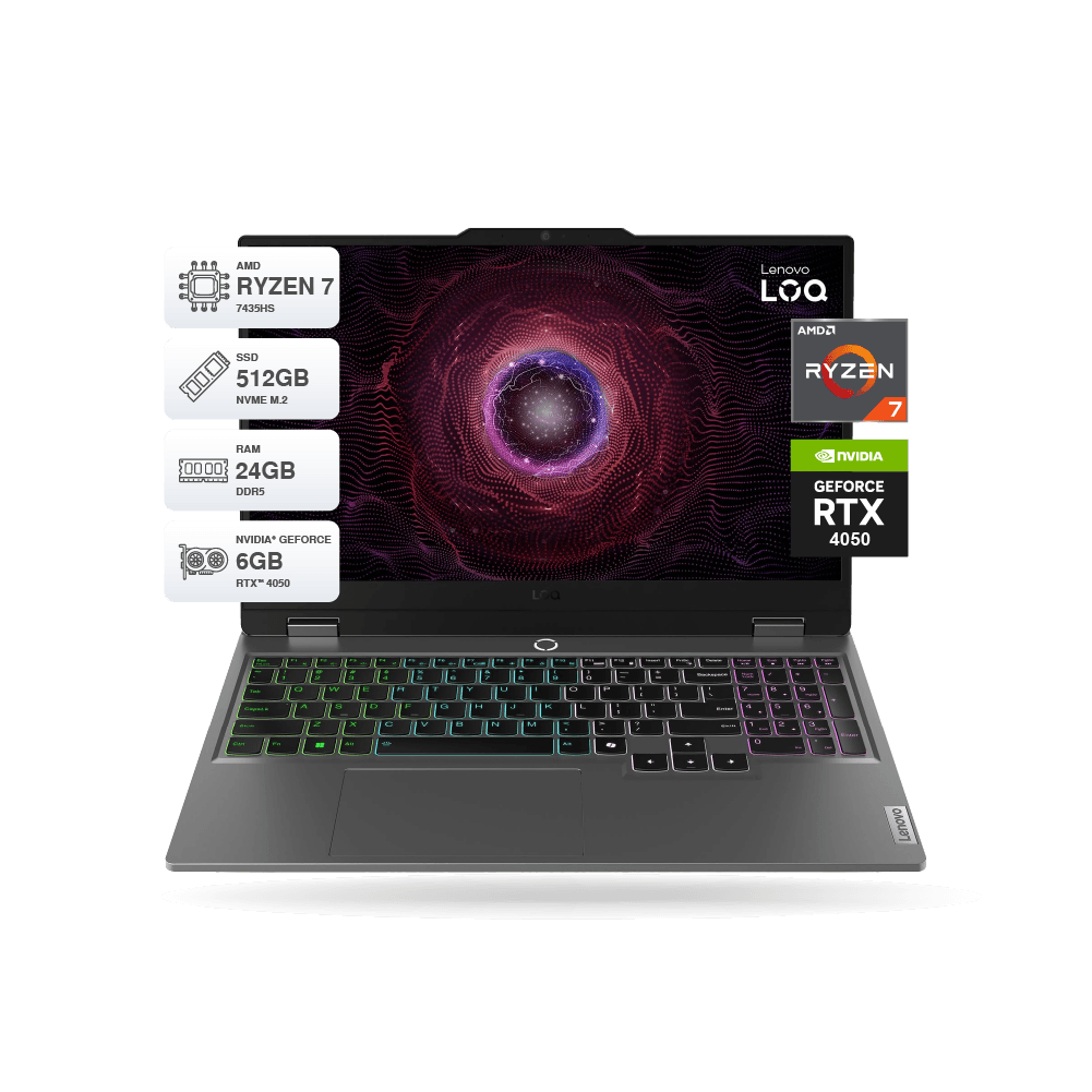 Laptop Lenovo LOQ 15ARP9, 15.6" FHD IPS, AMD RYZEN 7 7435HS, 24GB DDR5, 512GB SSD M.2, RTX 4050 6GB GDDR6, FreeDOS