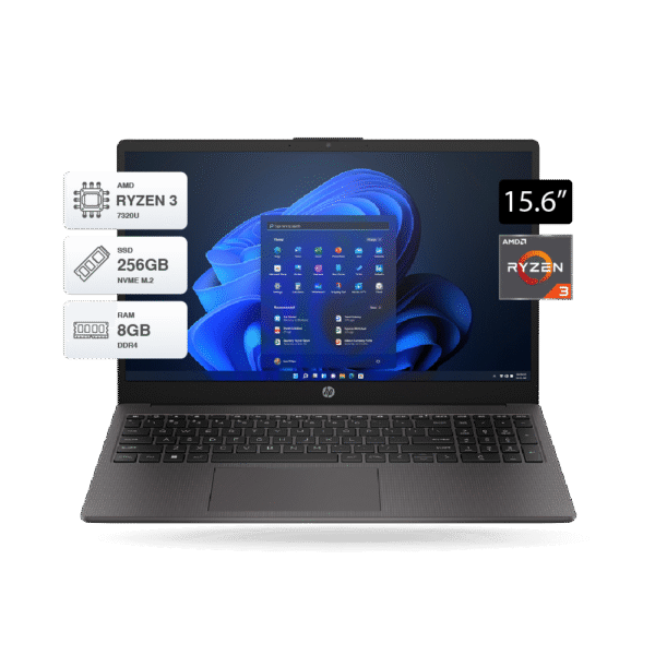 Laptop HP 255 G10 Ryzen 3 7320U, Pantalla 15.6" HD, RAM 8GB DDR4, SSD 256GB M.2, Gris, FreeDOS.