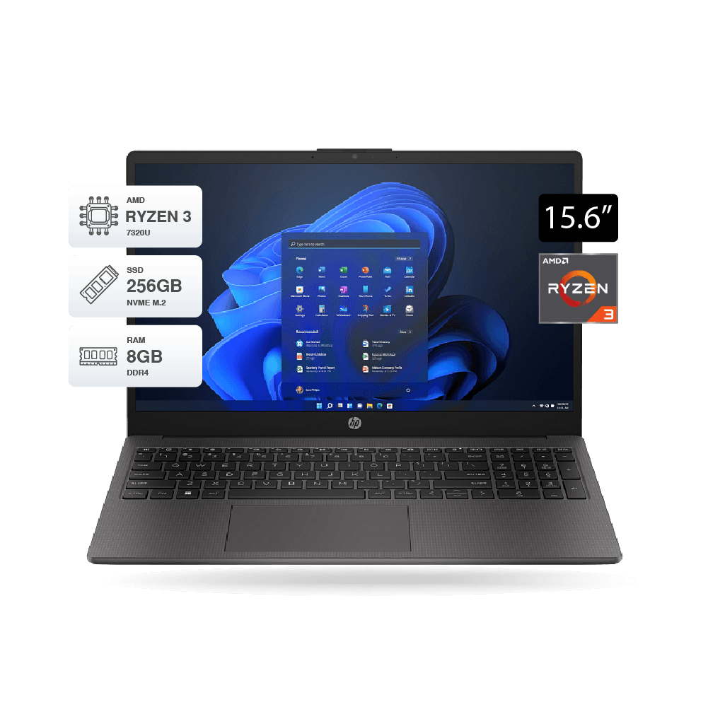 Laptop HP 255 G10 Ryzen 3 7320U, Pantalla 15.6" HD, RAM 8GB DDR4, SSD 256GB M.2, Gris, FreeDOS.