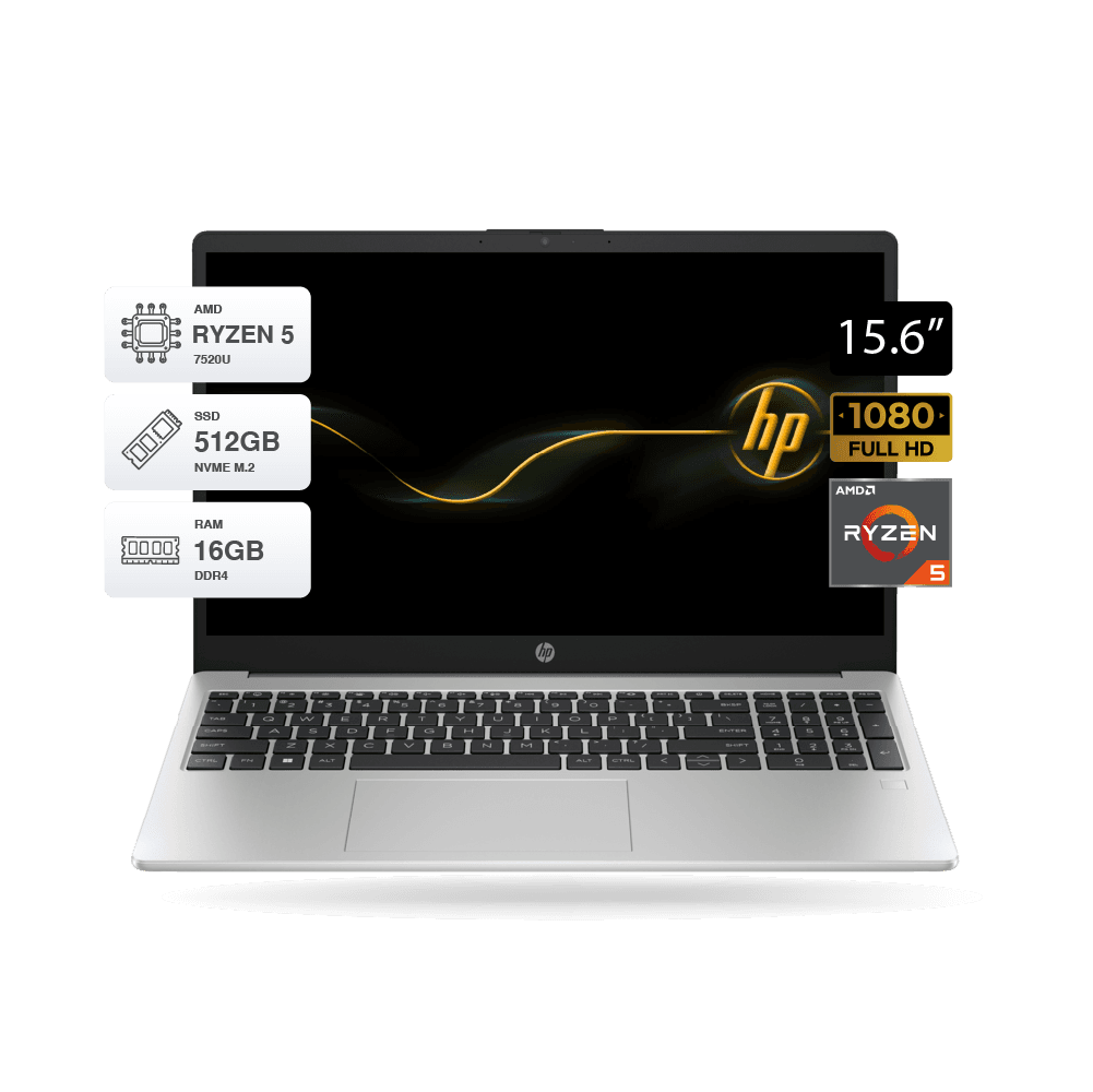 Laptop HP 255 G10 RYZEN 5 7520U Pantalla 15.6, RAM 16GB, SSD 512GB M.2, Gris, FreeDOS.