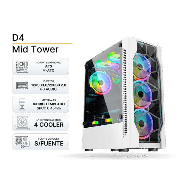 Case Gaming 1ST PLAYER D4 Blanco, ATX, 4 Cololer ARGB, Sin Fuente | D4WH1F5MW3F5SW