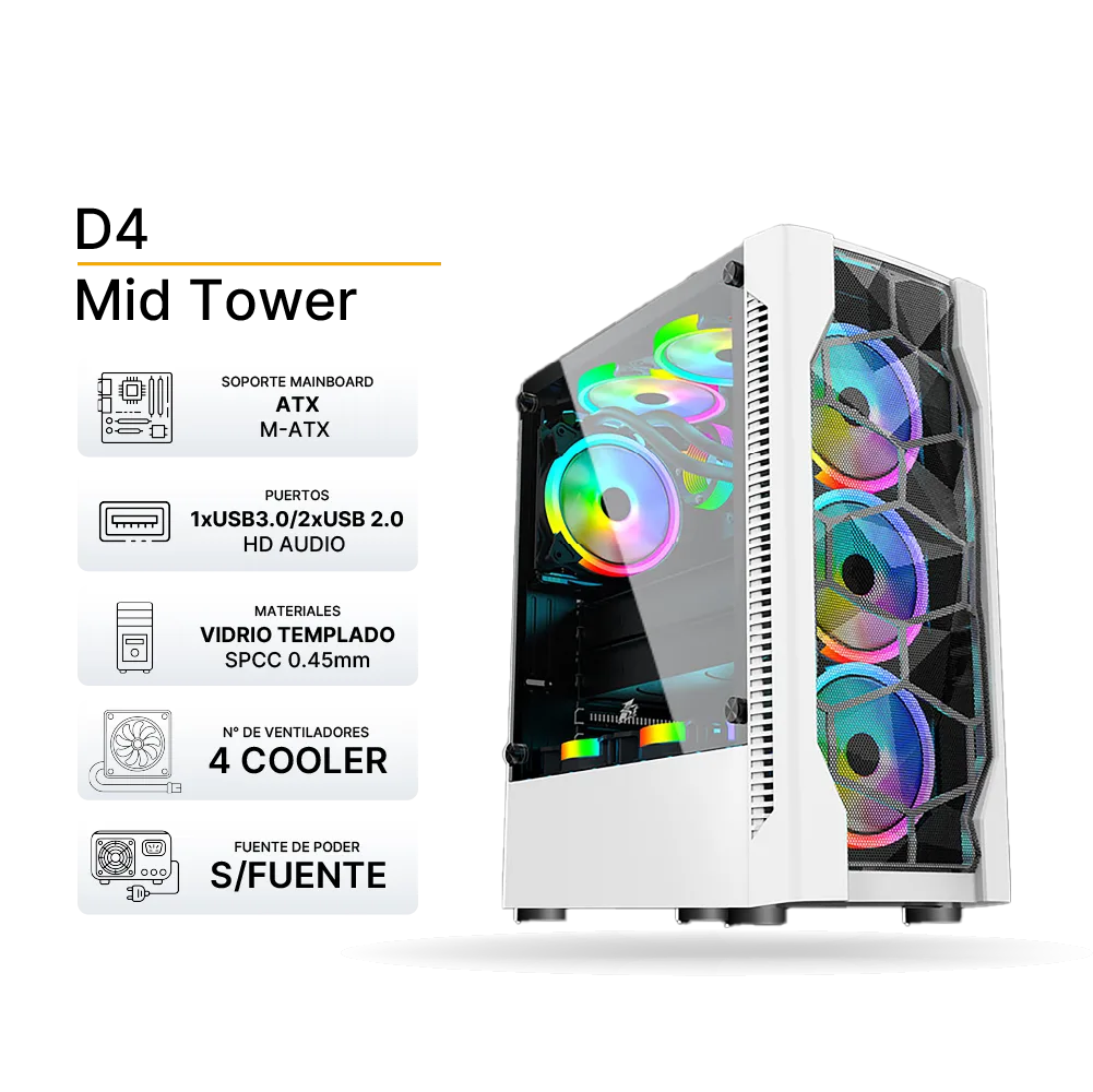 Case Gaming 1ST PLAYER D4 Blanco, ATX, 4 Cololer ARGB, Sin Fuente | D4WH1F5MW3F5SW