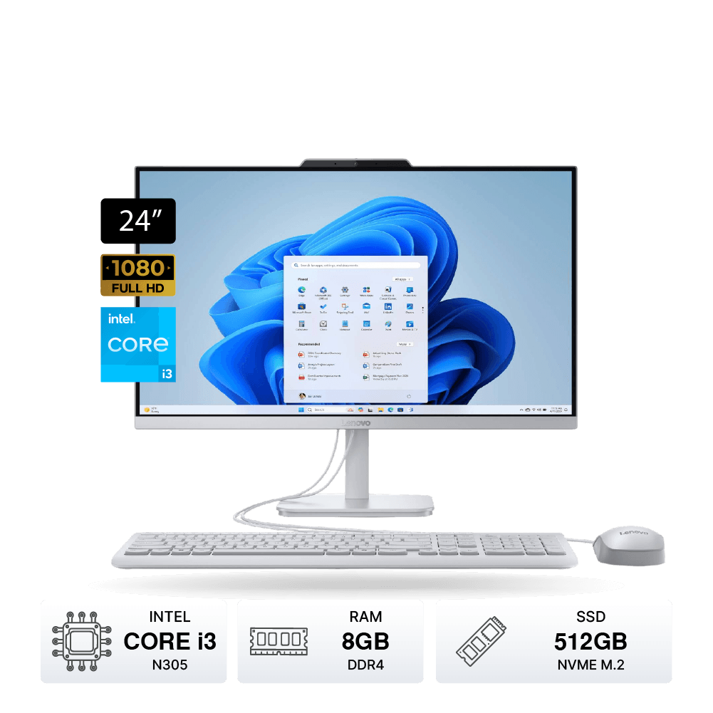 PC AIO LENOVO A100 Intel Core i3 N305 24" FHD, RAM 8GB DDR4, SSD 512GB M.2, Nube Gris, FreeDOS | F0J6002NLD