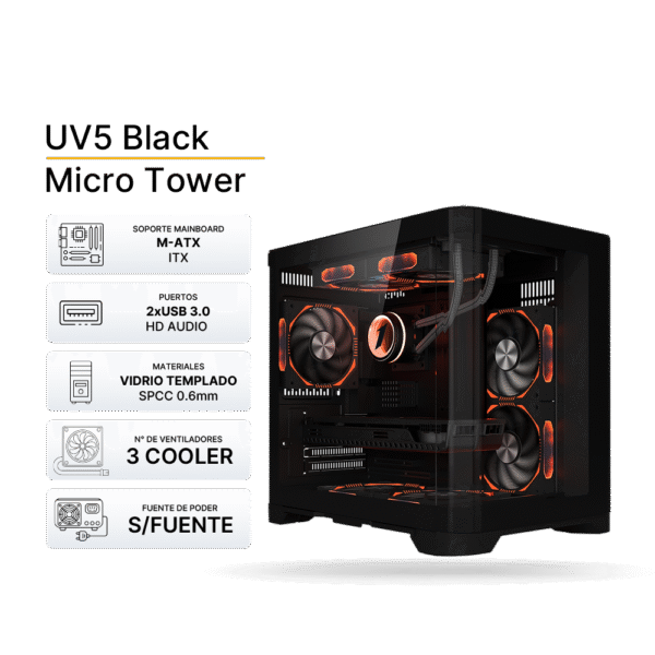 Case Gaming 1ST PLAYER View UV5 Negro 3 Cooler ARGB, Sin Fuente | UV5BK2FCR1FC