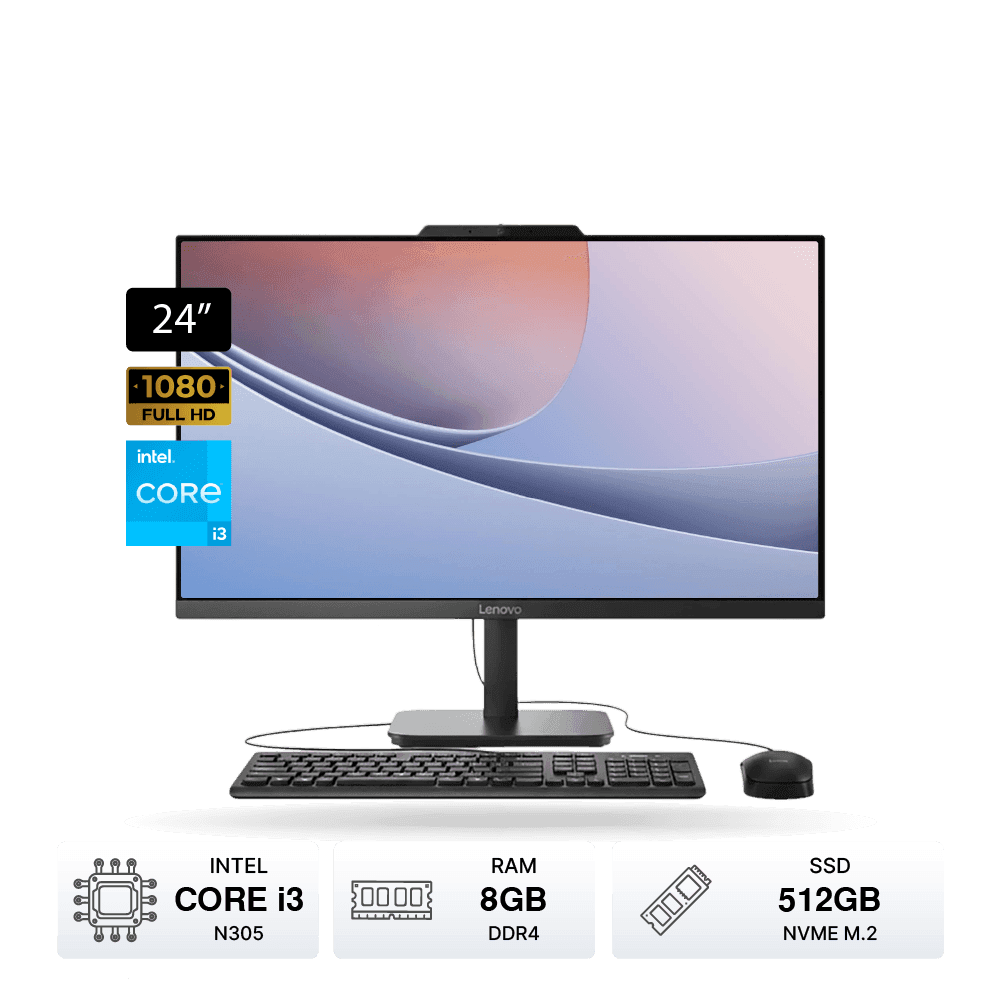 PC AIO LENOVO V100 Intel Core i3 N305 24" FHD, RAM 8GB DDR4, SSD 512GB M.2, Negro, FreeDOS | 13BE004ALD