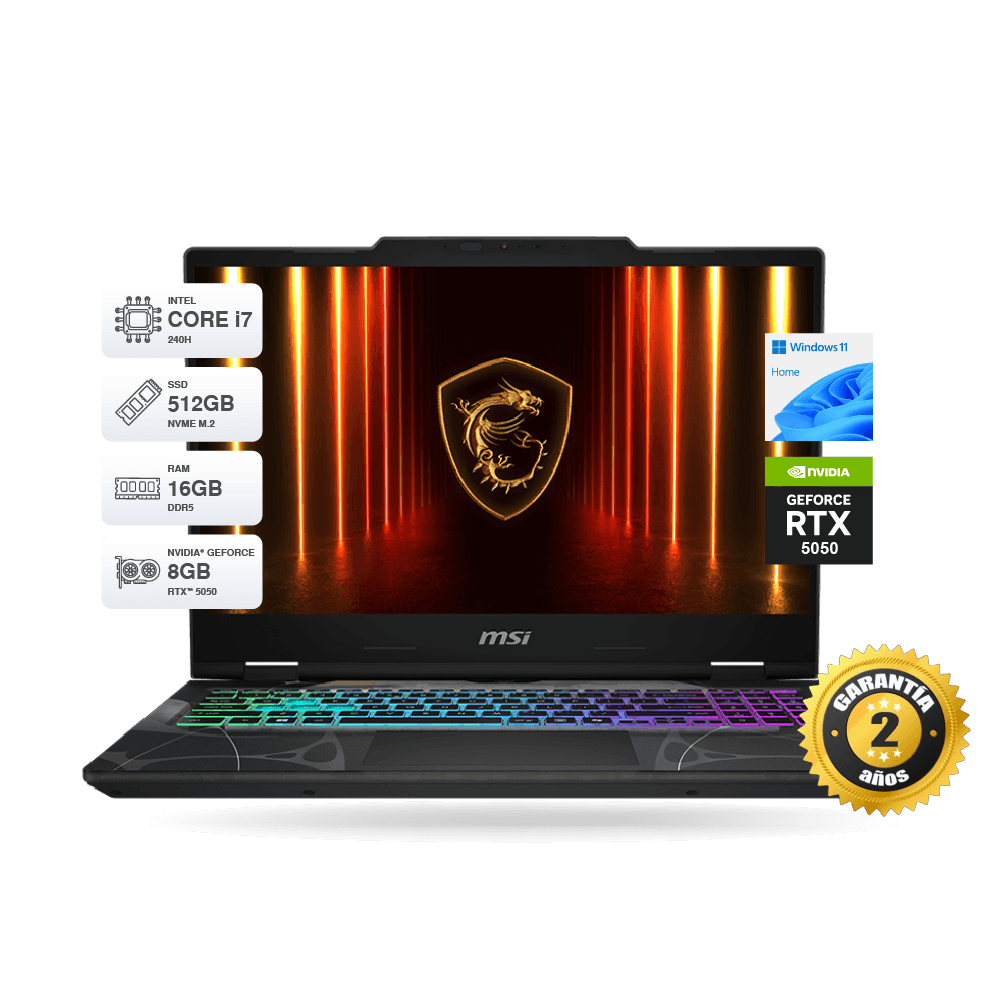 Laptop MSI Cyborg B2RWEKG 15 FHD 144Hz, Core 7 240H, RAM 16GB DDR5, SSD M.2 512GB, RTX 5050 8GB GDDR7, Windows 11 Home | B2RWEKG-055PE