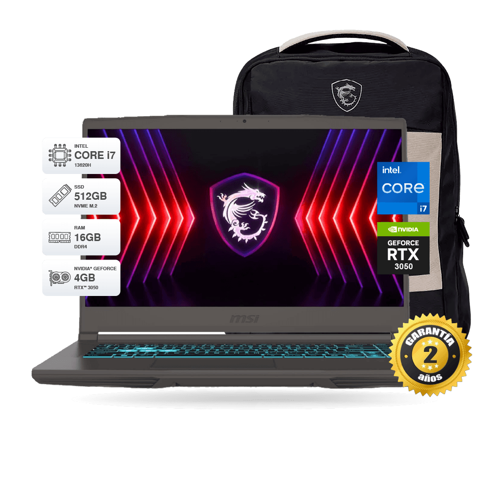 Laptop MSI Thin 15 B13UC 15.6" FHD 144Hz, Core i7 13620H, RAM 16GB DDR4, SSD M.2 512GB, RTX 3050 4GB GDDR6, FreeDos + Mochila MSI | B13UC-3075XPE