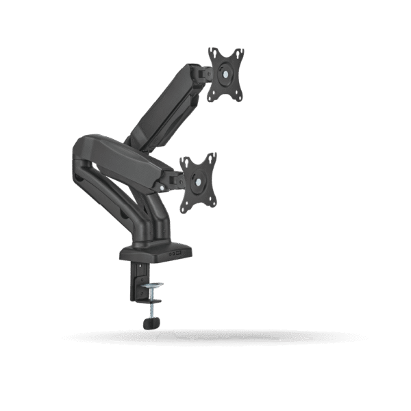 Rack Koreano Fijo Pivotable para 2 monitores 17" a 32" de 2 a 9 kg por brazo, Acero Inoxidable, Negro | KE-C024E