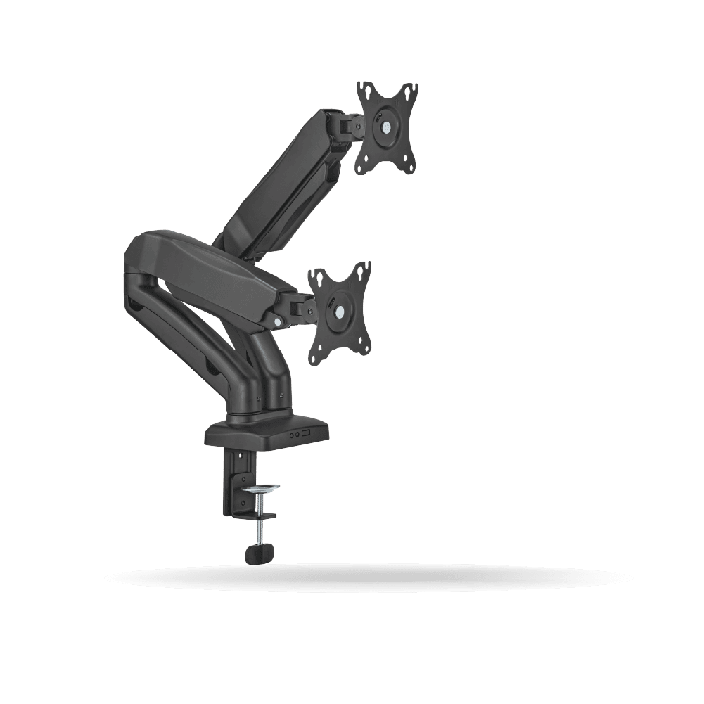 Rack Koreano Fijo Pivotable para 2 monitores 17" a 32" de 2 a 9 kg por brazo, Acero Inoxidable, Negro | KE-C024E