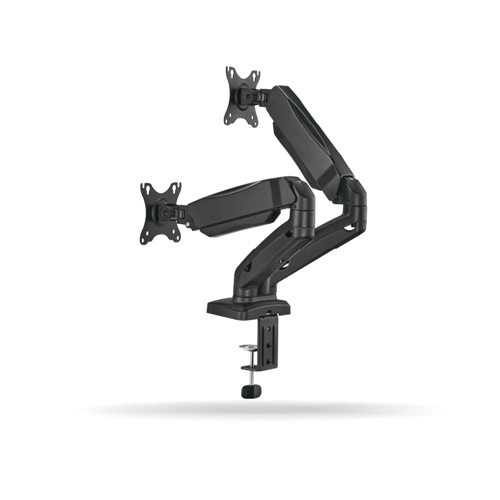 Rack Koreano Fijo Pivotable para 2 monitores 17" a 32" de 2 a 9 kg por brazo, Acero Inoxidable, Negro | KE-C024E