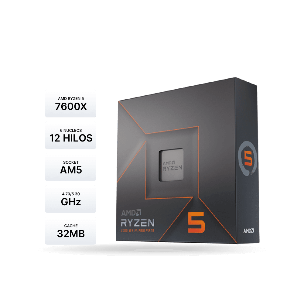 Procesador AMD Ryzen 5 7600X 4.7/5.3GHz, 32MB Caché, 6-Core, AM5, 105W.