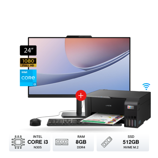 Combo All In One Lenovo V100 Intel Core i3 8GB RAM 512GB SSD 23.8 FHD + Impresora L3250 con WiFi