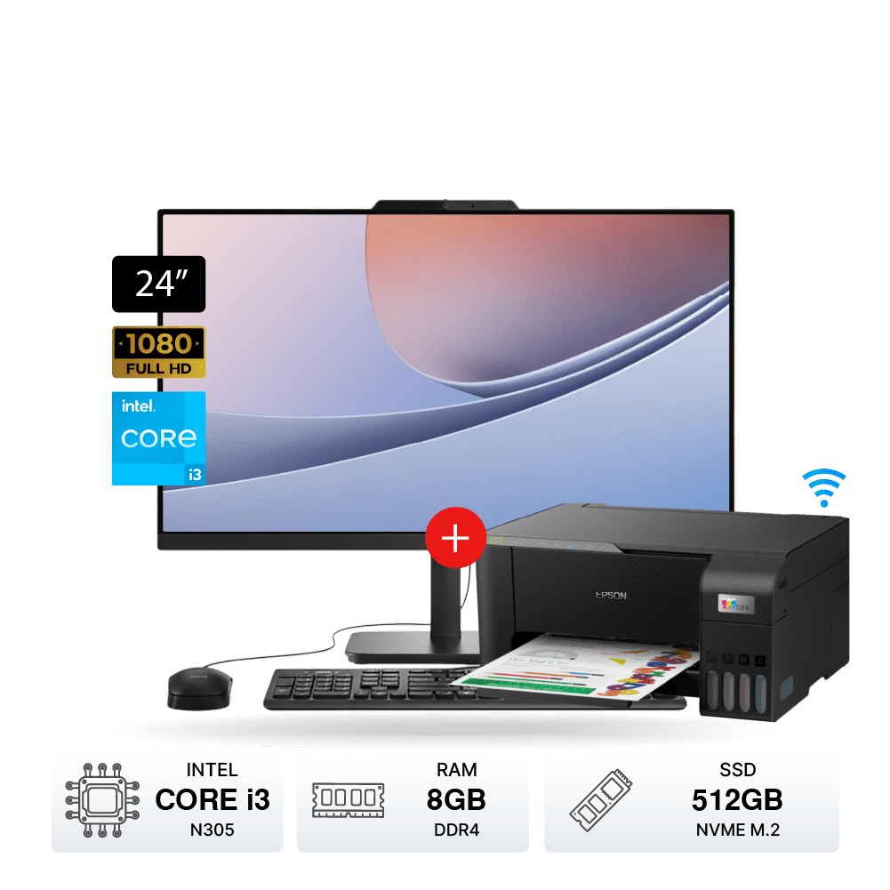 Combo All In One Lenovo V100 Intel Core i3 8GB RAM 512GB SSD 23.8 FHD + Impresora L3250 con WiFi