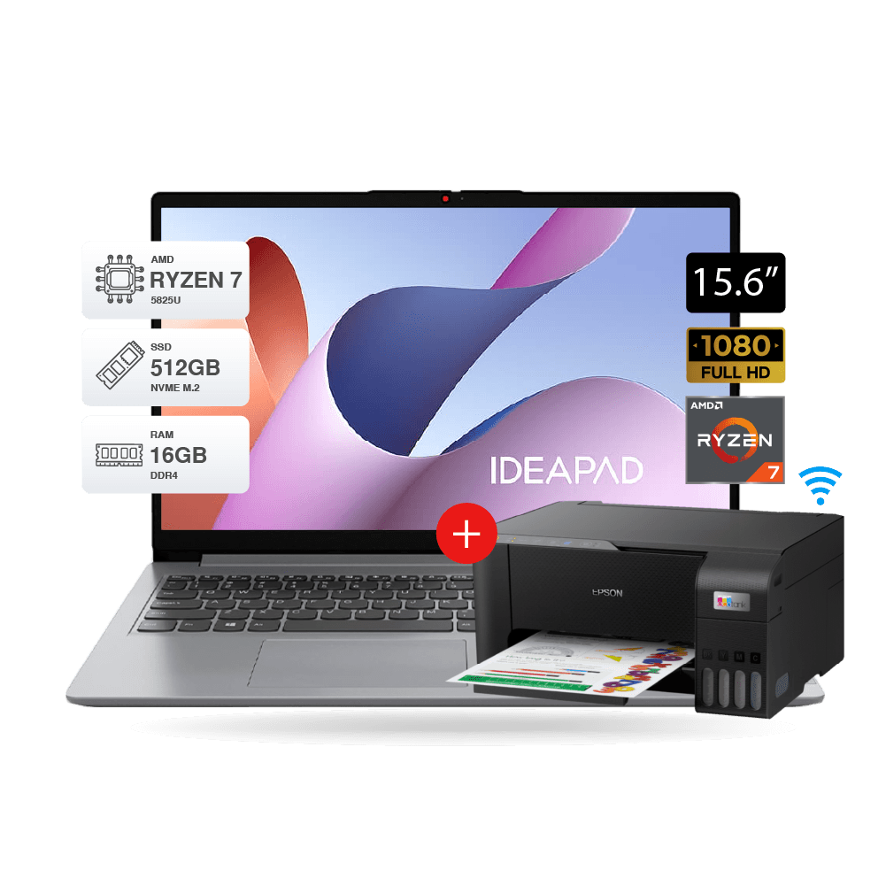 Combo Laptop Lenovo Slim 3 AMD Ryzen 7 16GB RAM 512GB SSD 15.6 FHD + Impresora L3250 con WiFi
