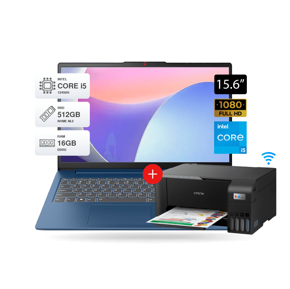Combo Laptop Lenovo Intel Core i5 12450H 16GB RAM 512GB SSD 15.6 FHD + Impresora L3250 con WiFi