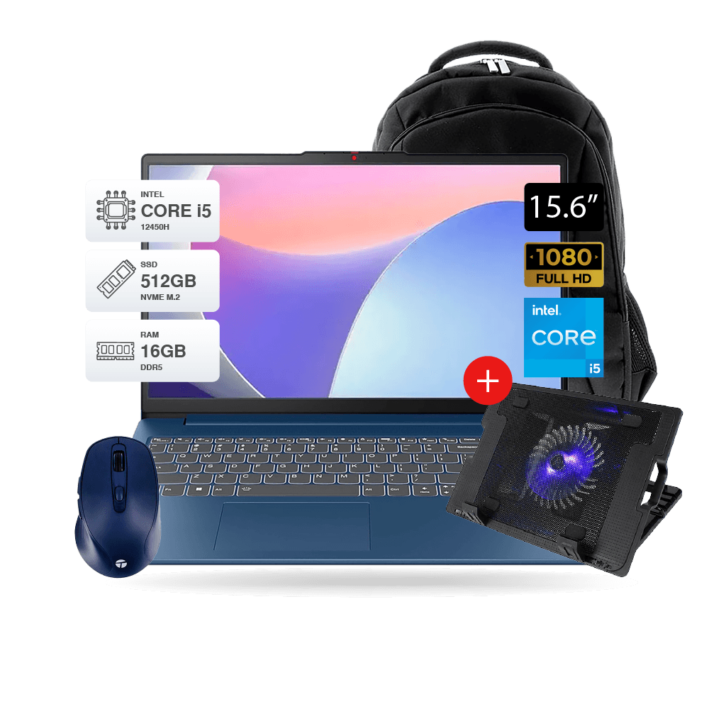 Combo Laptop Lenovo Intel i5 12450H 16GB, 512GB 15.6 + Mochila Xtech + Mouse Wifi T1235S + Cooler Para Laptop HA-69.