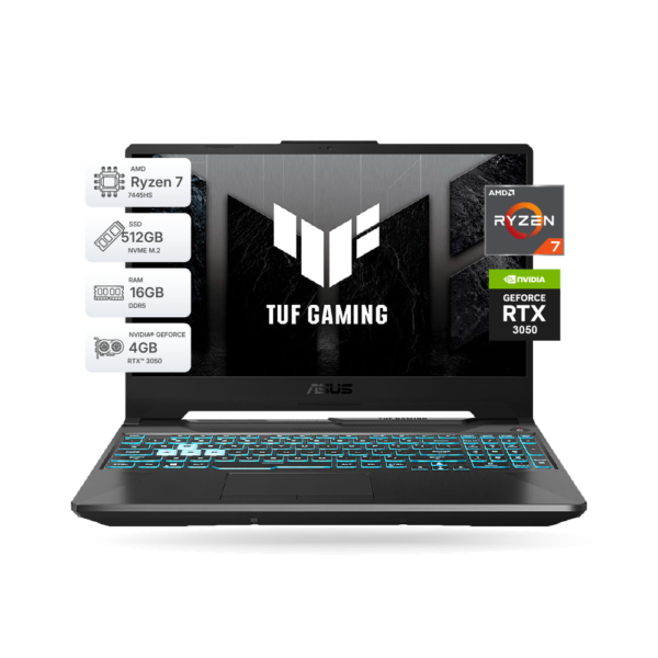 Laptop Asus Tuf Gaming A15, 15.6″ FHD IPS, Ryzen 7 7445HS, 16GB DDR5, SSD 512GB M.2, RTX 3050 4GB, Negro, FreeDos | 90NR0JF7-M00F40