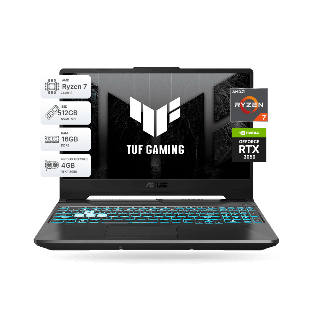 Laptop Asus Tuf Gaming A15, 15.6″ FHD IPS, Ryzen 7 7445HS, 16GB DDR5, SSD 512GB M.2, RTX 3050 4GB, Negro, FreeDos | 90NR0JF7-M00F40