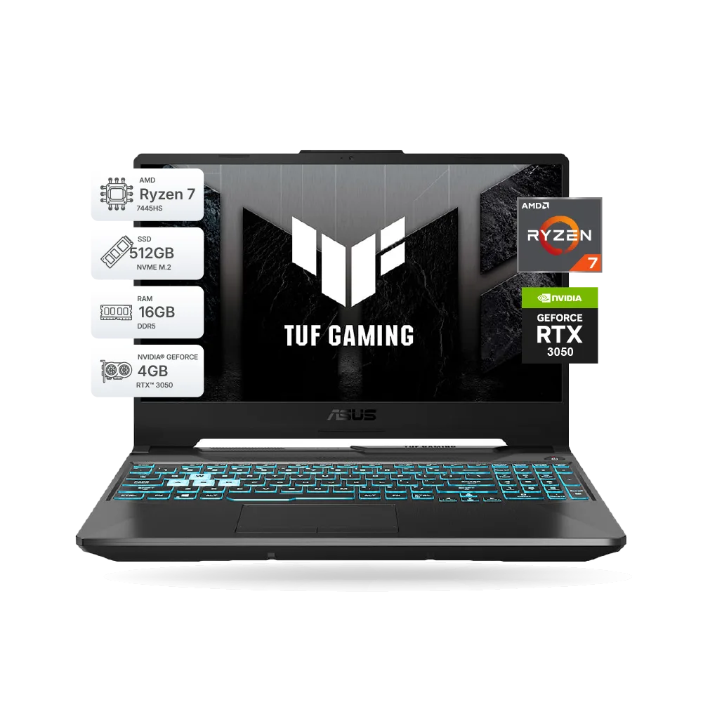 Laptop Asus Tuf Gaming A15, 15.6″ FHD IPS, Ryzen 7 7445HS, 16GB DDR5, SSD 512GB M.2, RTX 3050 4GB, Negro, FreeDos | 90NR0JF7-M00F40