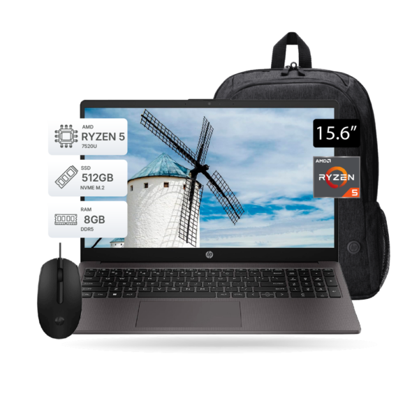 Laptop HP 255 G10, 15.6″, Ryzen 5-7520U, 8GB DDR5, 512GB, FreeDOS, Incluye Mochila y Mouse HP | A12HBLT