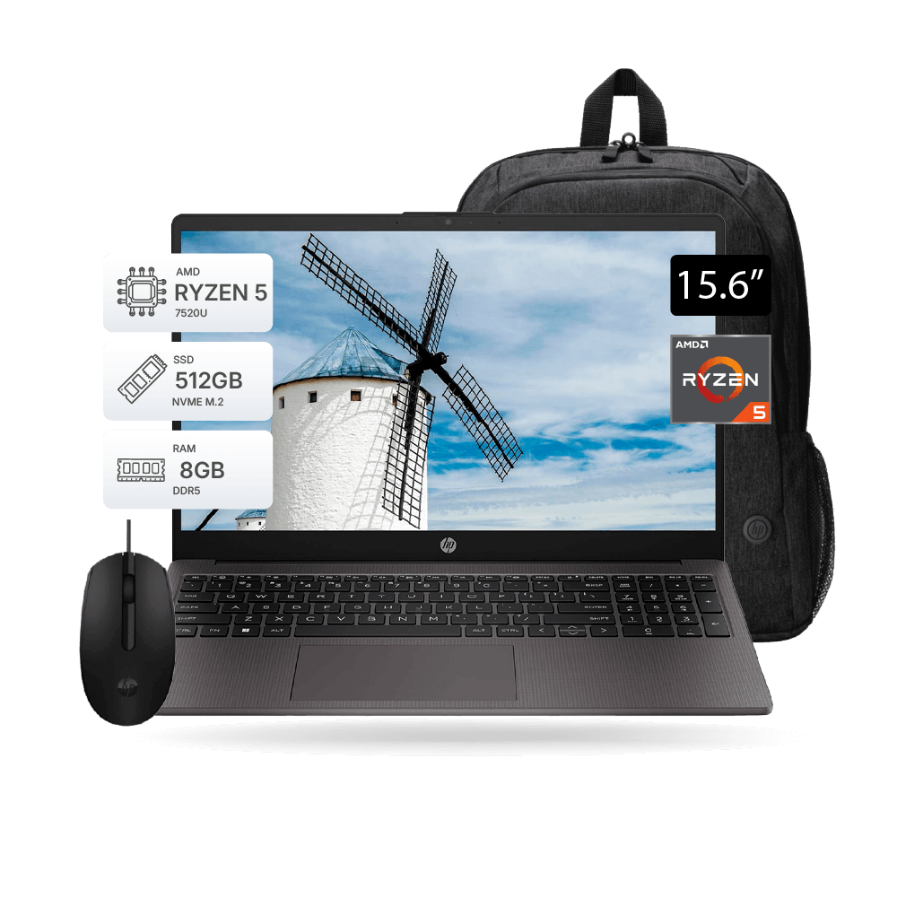 Laptop HP 255 G10, 15.6″, Ryzen 5-7520U, 8GB DDR5, 512GB, FreeDOS, Incluye Mochila y Mouse HP | A12HBLT