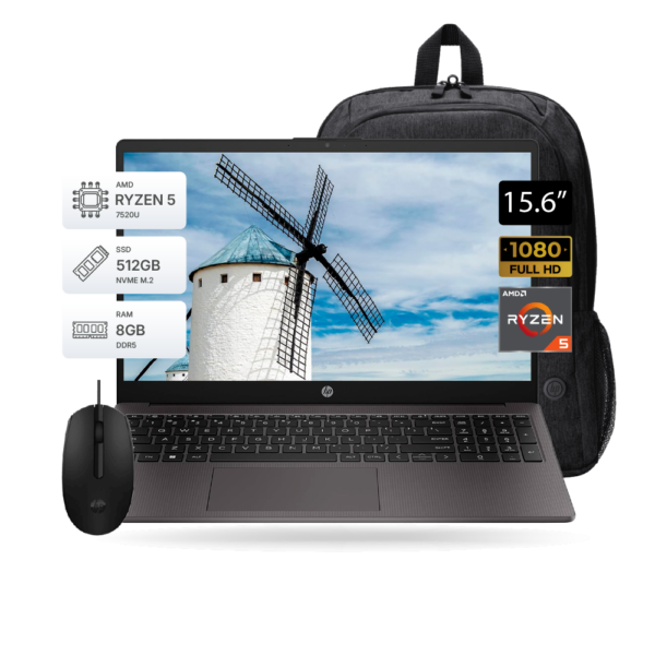 Laptop HP 255 G10, 15.6", Ryzen 5-7520U, 8GB DDR5, 512GB, FreeDOS, Incluye Mochila y Mouse HP | A12HBLT