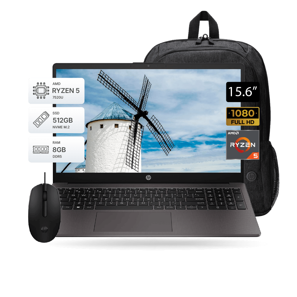 Laptop HP 255 G10, 15.6", Ryzen 5-7520U, 8GB DDR5, 512GB, FreeDOS, Incluye Mochila y Mouse HP | A12HBLT