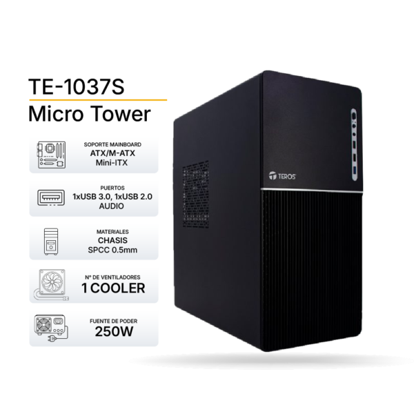 Case Teros TE 1037S, Black, ATX, Fuente 250W, incluye 1 cooler