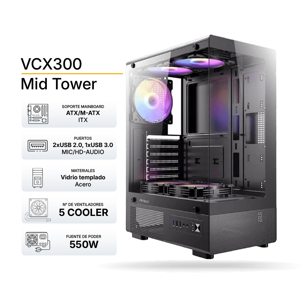 Case Gaming Antec VCX300 ARGB Negro, ATX, 5 Cooler ARGB, Fuente 550W, Vidrio Templado | 0-761345-10252-0