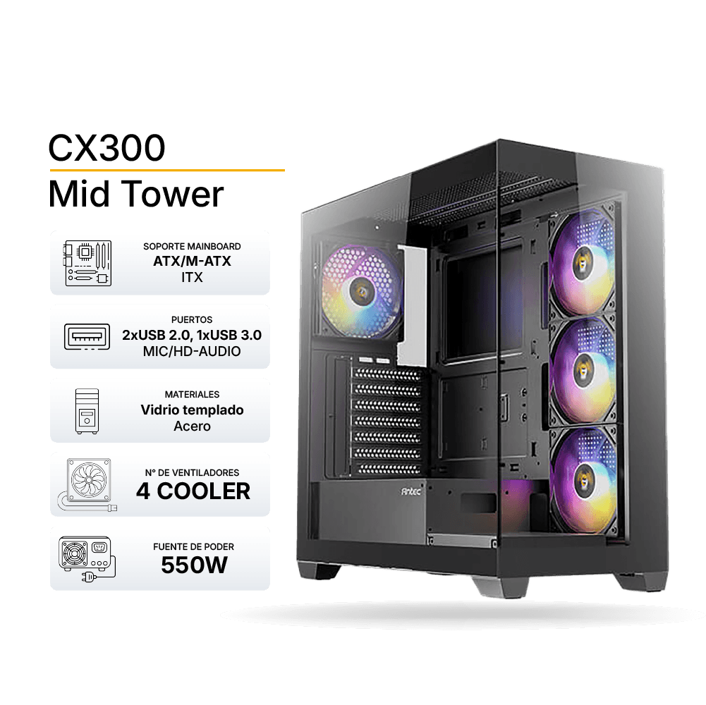 Case Gaming Antec CX300 ARGB Negro, ATX, 4 Cooler ARGB, Fuente 550W, Vidrio Templado | 0-761345-10149-3