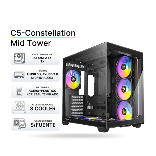 CASE ANTEC C5 CONSTELLATION BK MT 3 coolers ARGB, soporta enfriamiento x 3 120mm - 7ARC GL 0-761