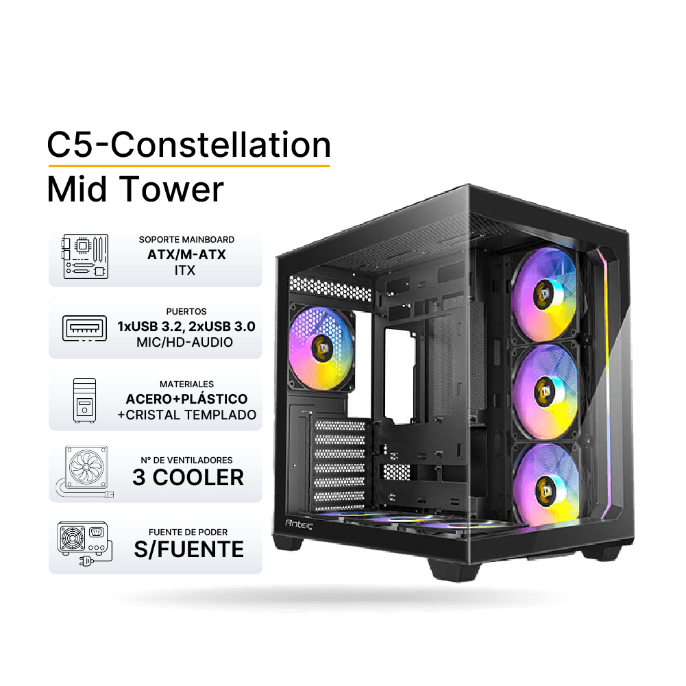 CASE ANTEC C5 CONSTELLATION BK MT 3 coolers ARGB, soporta enfriamiento x 3 120mm - 7ARC GL 0-761 15 CASE ANTEC C5 CONSTELLATION BK MT 3 coolers ARGB, soporta enfriamiento x 3 120mm - 7ARC GL 0-761