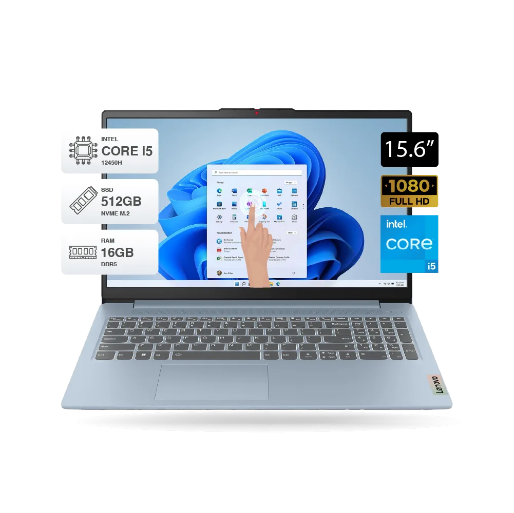 Laptop Lenovo IdeaPad Slim 3 15IAH8, 15.6" Tactil FHD, Core i5-12450H, 16GB DDR5, SSD 512GB M.2, FreeDOS, Celeste | 83ER00NKLM
