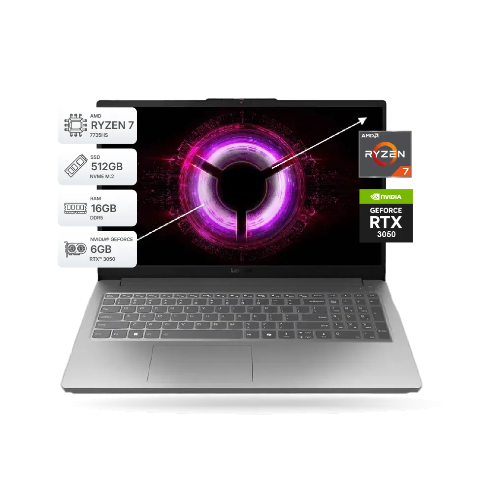 Laptop Lenovo LOQ 15ARP10E, 15.6" FHD IPS, AMD Ryzen 7 7735HS, 16GB DDR5, SSD 512GB, RTX 3050 6GB GDDR6, FreeDOS | 83S0004HLM