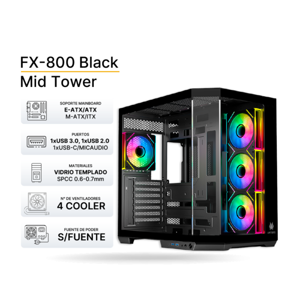Case Antryx FX800 Negro, ARGB, ATX, 4x FAN 120mm, Soporta Fan de hasta 3x120mm, sin fuente | AC-FX800K
