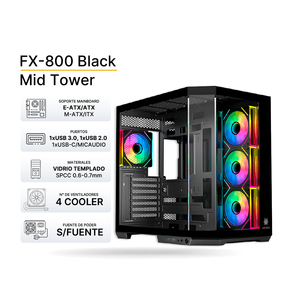 Case Antryx FX800 Negro, ARGB, ATX, 4x FAN 120mm, Soporta Fan de hasta 3x120mm, sin fuente | AC-FX800K