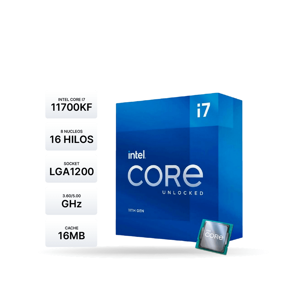 Procesador Intel Core i7-11700KF 3.60 / 5.00 GHz, 16 MB Caché L3, LGA1200, 125W, 14 nm.