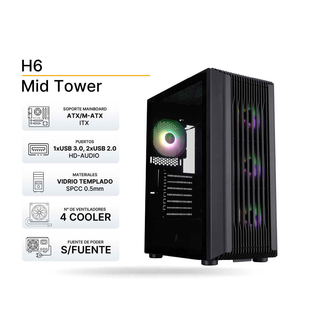 Case Gaming 1ST PLAYER H6 Negro, ATX, 4 Cooler ARGB, Sin Fuente | CA1STH6BLACK