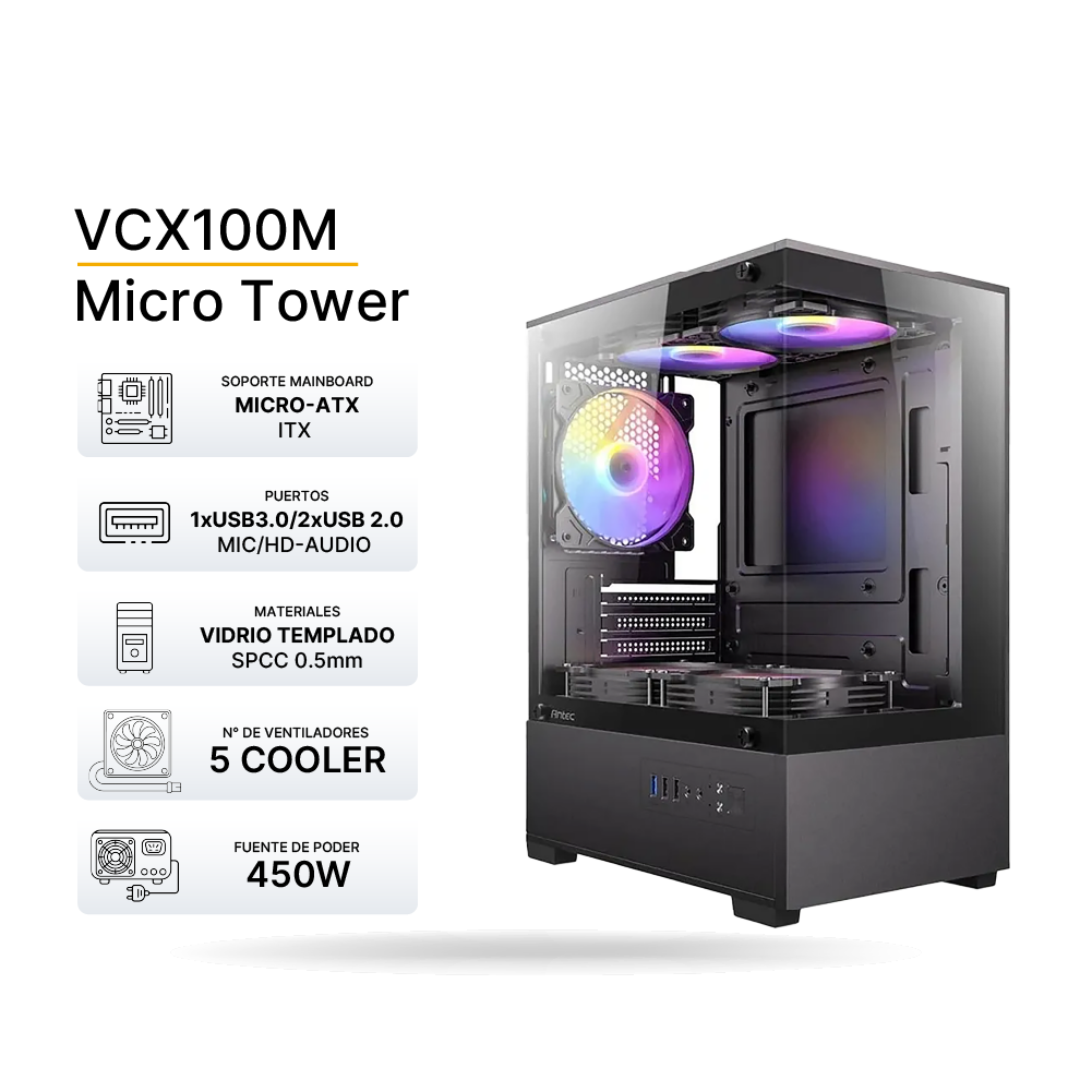 Case Gamer Antec VCX100M Negro 450W, ATX, 5x FAN RGB - CAVCX10P45W